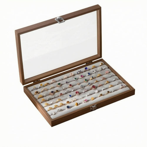Wood-Grain Band Case Metal Clasp Glass Lid Band Box Lined Interior