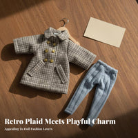 2 Pieces OB11 Doll Outfit Double-Breasted Design Plaid Doll Overcoat Coat Set Stretchy Material 1/12 Scale BJD Clothes