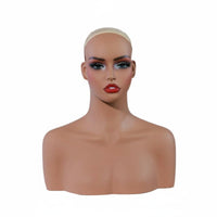Female Mannequin Head with Shoulders PVC Material Synthetic Hair Mannequin Life-Size Torso-Size Female Hairpiece Head Bust for Training