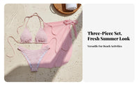 3 Pieces Sun Protection 3 Piece Bikini Set Breathable Pink Bikini with Mesh Sarong Soft and Stretchy for Young Adults, Beach, Summer, Resort