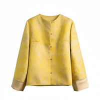 Yellow Jacquard Short Coat, Women's Loose Fit, Round Neck