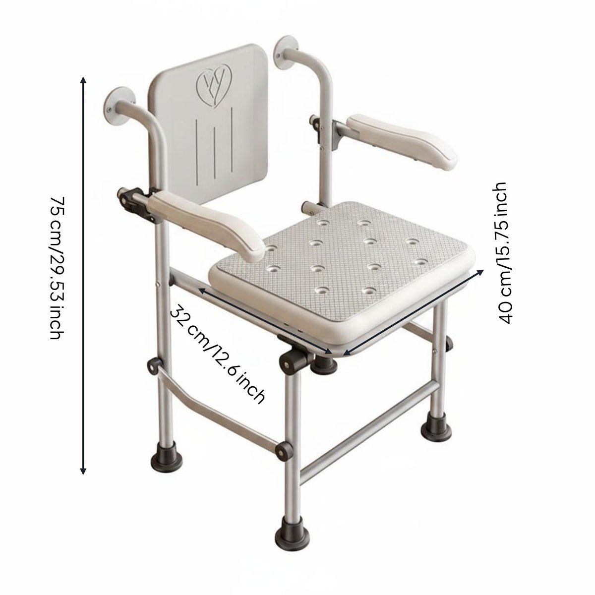 Shower Chair with Armrests Rust-Resistant Aluminum Foldable Washroom Chair Double Armrest Support Wall Mounted Folding Bathing Stool