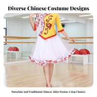 Porcelain Pattern Dancewear Set, Square Dance Costume, Classical Style, Princess Sleeve, Flowing Skirt