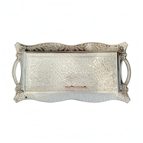 Metal Tray with Handles Openwork Rectangular Silver Tray Decorative