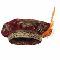 Feathered Medieval Hat Feather Accent Historical Muffin Cap Ornate Trim Medieval Flat Cap for Cosplayers, Actors, Stage Performances