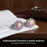 2 Pieces Violet Crystal Glass Cufflinks Elegant Design Round Gold Foil Cufflinks