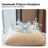 Girls Navy Princess Tiara Headband, Crystal Ribbon, Delicate Flower Fairy Design