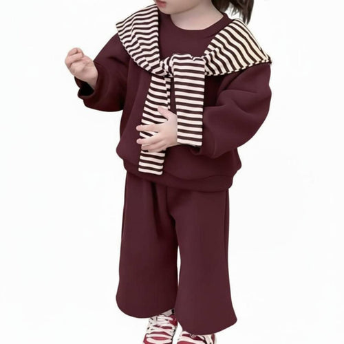 Boys' and Girls' Cotton Sweatshirt Set, Striped Cape, Wide Leg Pants, Burgundy, Fashionable New Year Outfit