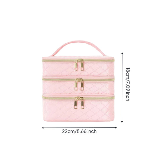3-Layer Makeup Case Double Zipper Quilted Cosmetic Organizer for Business Trip