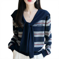 Women's Pullover Sweater Striped Knit, Fall, Navy