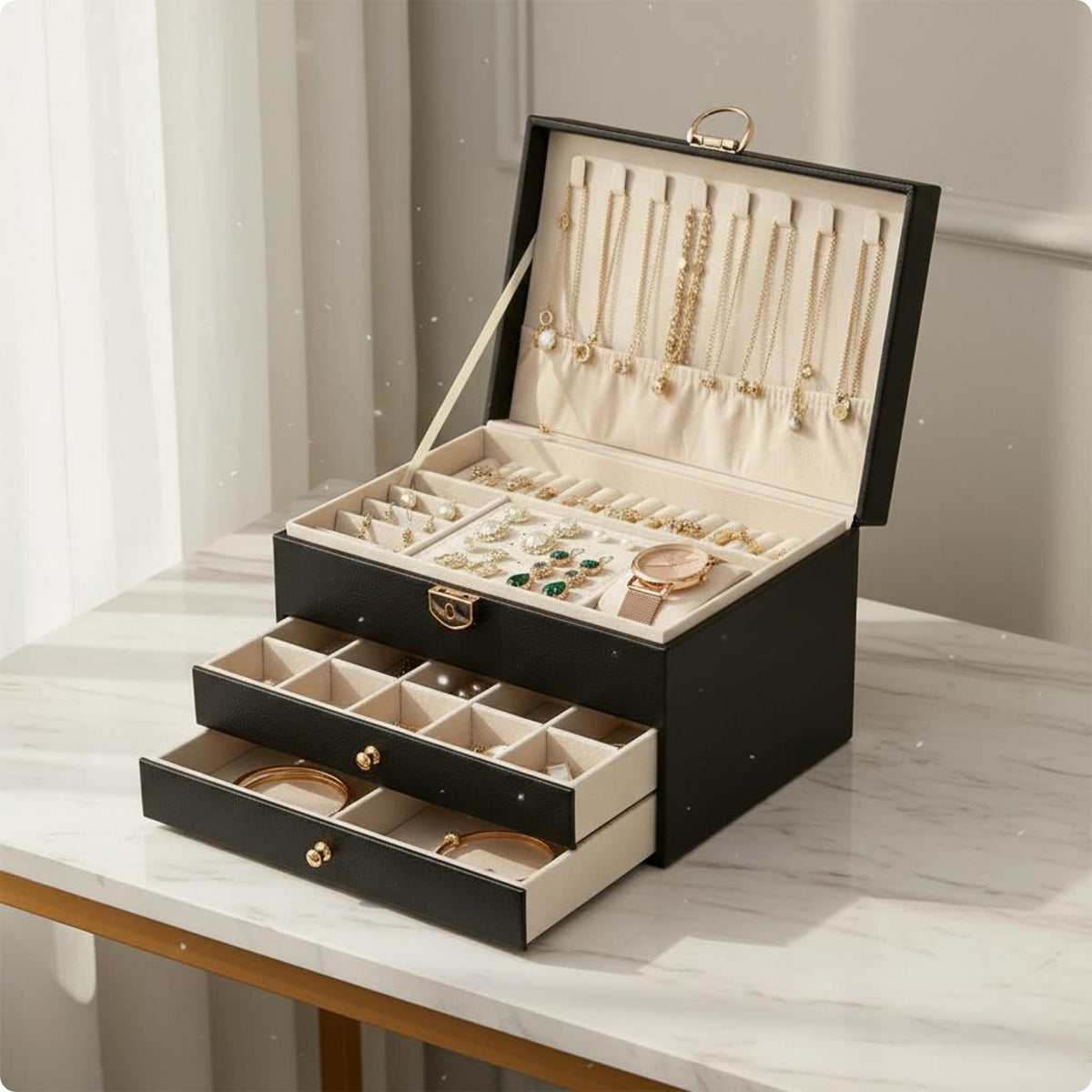 Pu Leather Jewelry Box Gift-Ready Quilted Jewelry Storage Box Scratch-Resistant