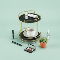 2-Tier Makeup Organizer Long-Lasting Gold Metal Vanity Shelf Marble Pattern