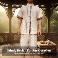 Men's Tang Suit Top, Dai Ethnic, Retro, Short Sleeve, Yunnan Xishuangbanna, Summer