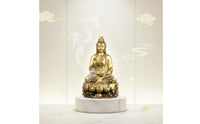 Peace Blessing Guanyin Statue Gold Finish Golden Guanyin Figurine Ornate Details Deity of Mercy Sculpture Detailed Carving for Office Desk