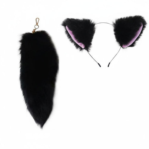 2 Pieces Canine Ears and Tail Set Cute Design Cat Ears Headband and Tail Canine Costume Kit Comfortable to Wear for Children