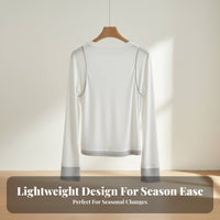 Multicolor Patchwork T-Shirt, Thin Seasonal Round Neck, Fake Two-Piece Long Sleeve Top, Relaxed Pullover for Women