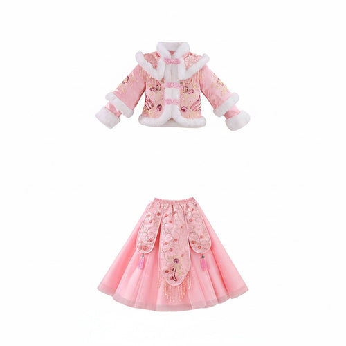 Girls Traditional Chinese Dress Set, Winter Thick Cheongsam, Padded Tang Suit, Warm Holiday Costume