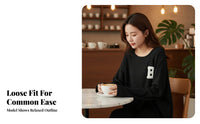 Women's Long Sleeve T-Shirt, Letter Print, Side Slit, Loose Fit, Urban Relaxed Style, Moderate-Length Pullover Top