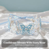 Girls Navy Princess Tiara Headband, Crystal Ribbon, Delicate Flower Fairy Design