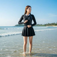 Long Sleeve Aquatic Dress Slimming Design Long Sleeve Single Piece Swimsuit Skirted Protective Swimwear Quick-Drying Full