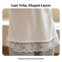 Lace Long Sleeve T-Shirt, Soft Brushed Pullover, Korean Style, Relaxed Fit Top