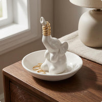 Ceramic Elephant Band Dish Glossy Finish Decorative Accessory Tray Good Luck