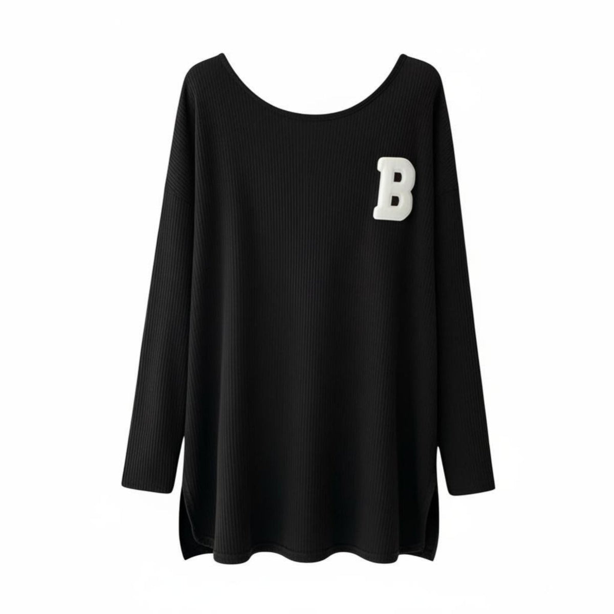 Women's Long Sleeve T-Shirt, Letter Print, Side Slit, Loose Fit, Urban Relaxed Style, Moderate-Length Pullover Top