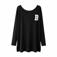 Women's Long Sleeve T-Shirt, Letter Print, Side Slit, Loose Fit, Urban Relaxed Style, Moderate-Length Pullover Top