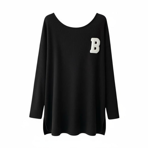 Women's Long Sleeve T-Shirt, Letter Print, Side Slit, Loose Fit, Urban Relaxed Style, Moderate-Length Pullover Top