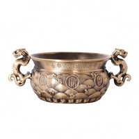 Brass Fortune Bowl Shiny Finish Mythical Lion Handle Bowl Carved Design
