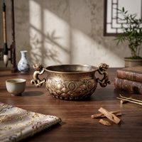 Brass Fortune Bowl Shiny Finish Mythical Lion Handle Bowl Carved Design
