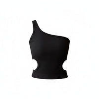Single Shoulder Top Built-in Pads Padded Camisole Ribbed Cutout Top Korean Design Close Fit for Young Women, Summer