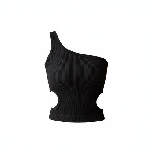 Single Shoulder Top Built-in Pads Padded Camisole Ribbed Cutout Top Korean Design Close Fit for Young Women, Summer
