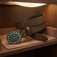 Floral Concho Belt Turquoise Stones Concho Belt Clothing Accessory Embossed Silver-Tone