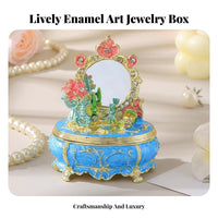 Ideal Gift Enameled Trinket Box with Mirror Exquisite Engraving Miniature Dressing Table Jewelry Box Rhinestone Accents for Women, Girls