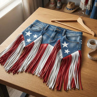 Denim Fringe Skirt Patriotic Waist Belt Skirt Button Closure