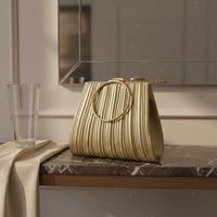 Pleated Evening Bag Compact Interior Circular Handle Clutch for Banquet
