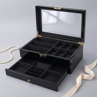 Multi-Compartment Jewelry Box with Mirror Velvet Double-Layer Jewelry Box Space-Saving Dust-Resistant for Women, Collectors, Dresser, Vanity, Bedroom