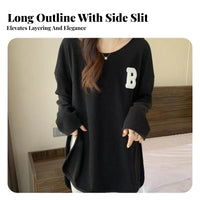Women's Long Sleeve T-Shirt, Letter Print, Side Slit, Loose Fit, Urban Relaxed Style, Moderate-Length Pullover Top