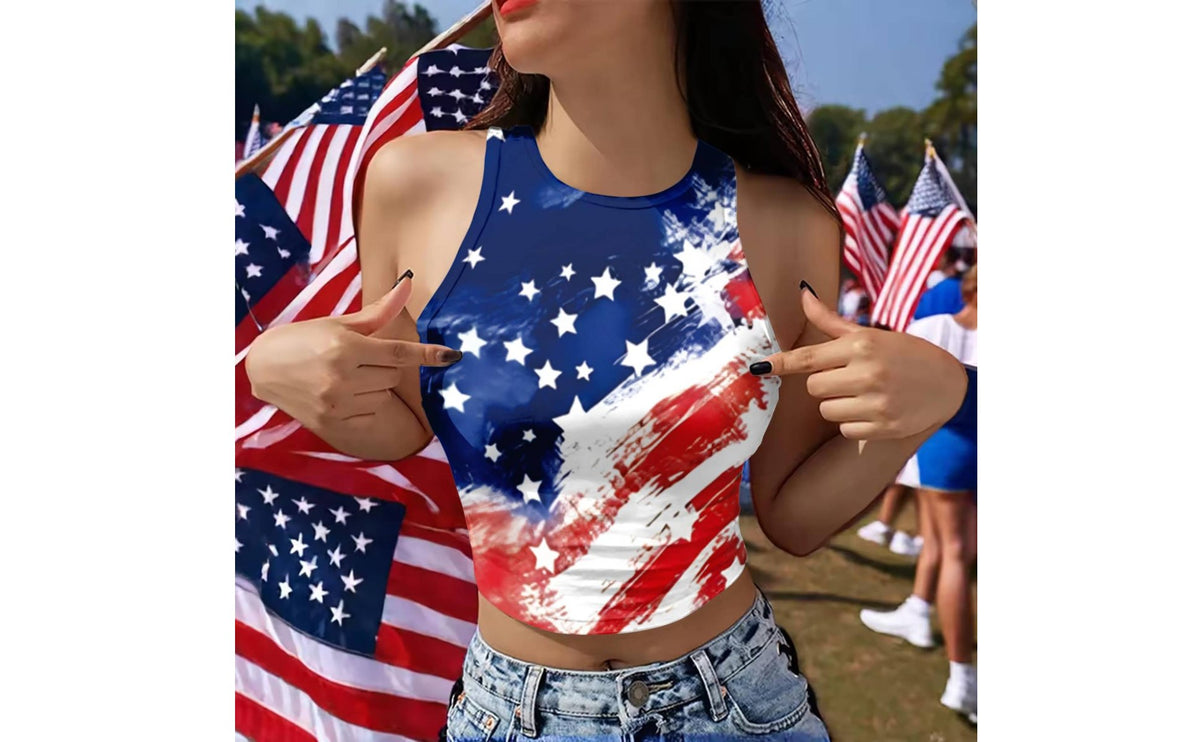 Patriotic Crop Top Slim Fit American Flag Crop Top Digital Print Round Neck Sleeveless Vest for Teens