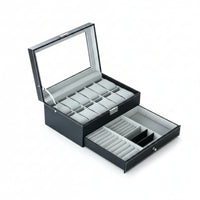 Watch Box with Drawer Two-Tier Watch Display Case with Glass Lid 2-Layer