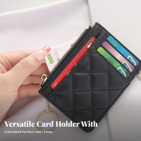 Soft PU Leather Quilted Card Holder with Keychain Lightweight Slim Quilted Card Holder Secure Zipper Closure for Women, Daily Use, Commuting