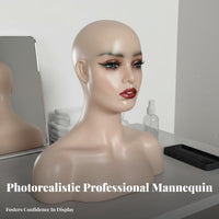 Pinnable Mannequin Head with Shoulders Pierced Ears Hairpiece Display Head Long-Lasting PVC for Stylists, Retailers, Salon, Shop Window