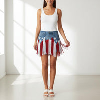 Denim Fringe Skirt Patriotic Waist Belt Skirt Button Closure