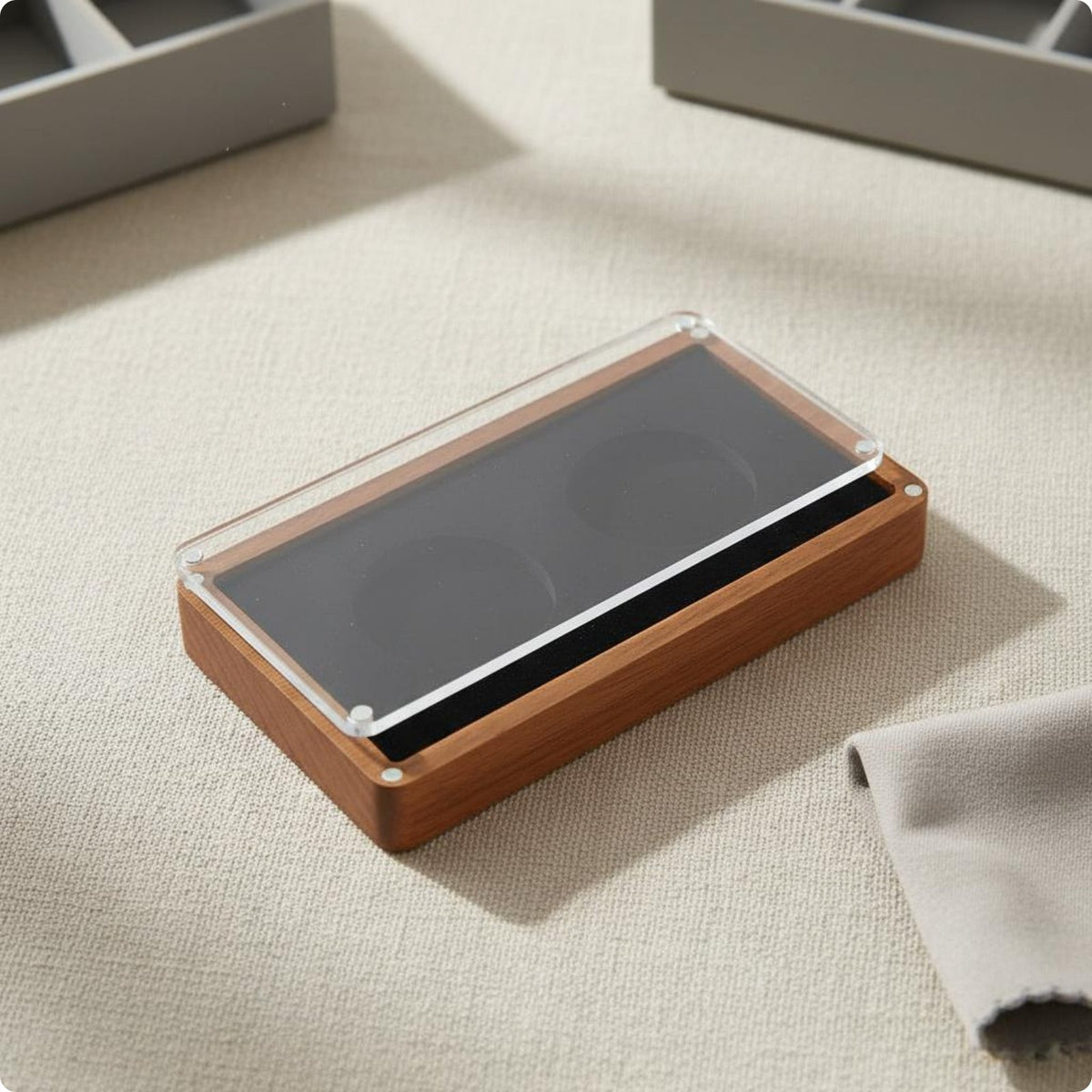 Double Coin Display Case Transparent Cover Gift Packaging Wood Finish