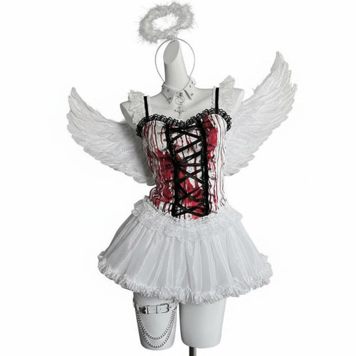 2 Pieces Gothic Angel Costume Lace Details Corset Top and Skirt Set for Women