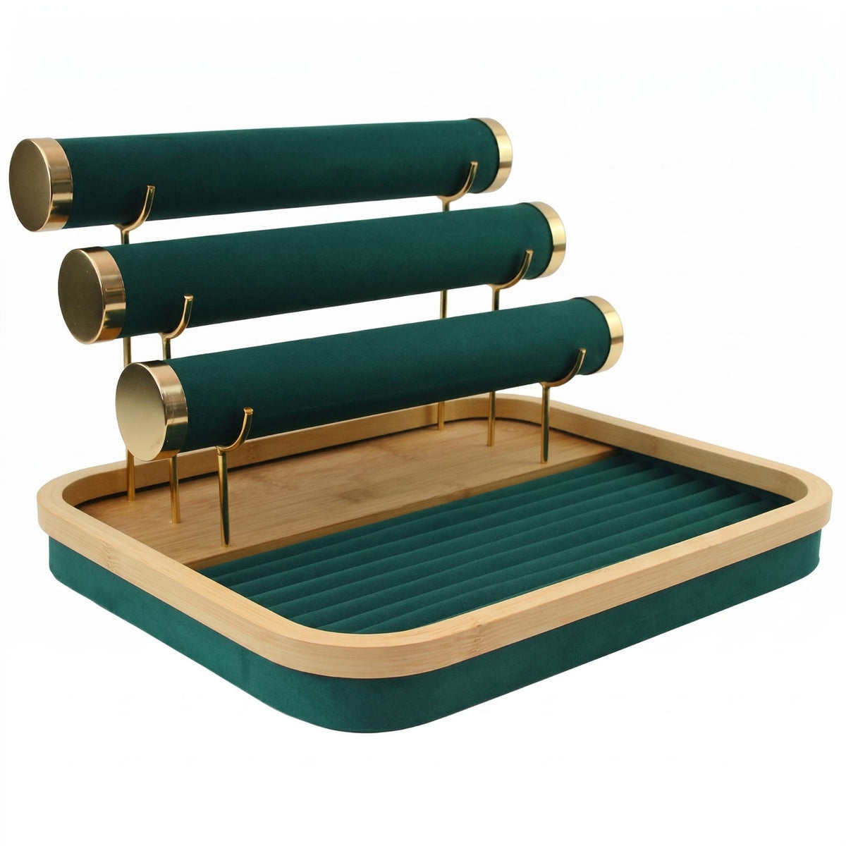 Bamboo Jewelry Organizer Three-Rod Design Jewelry Display Stand Soft Lining Household Storage