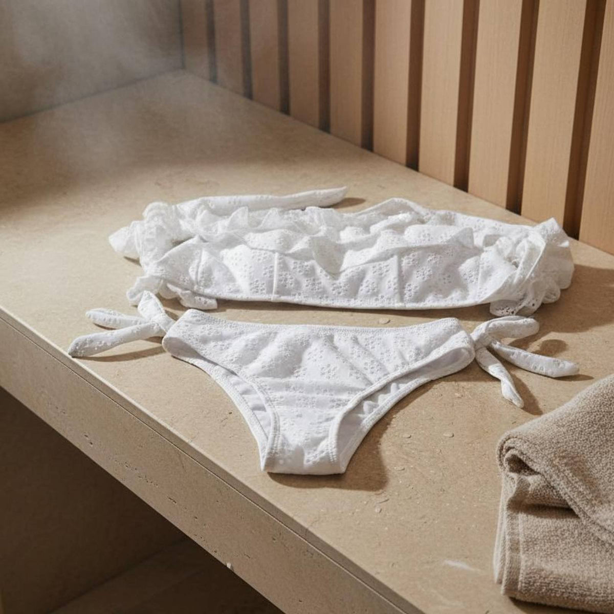 3 Pieces Padded Top Three-Piece Swimsuit Removable Padding White Ruffle Bikini Smocked for Young Adults, Teens, Hot Season, Vacation, Resort