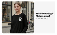 Women's Long Sleeve T-Shirt, Letter Print, Side Slit, Loose Fit, Urban Relaxed Style, Moderate-Length Pullover Top