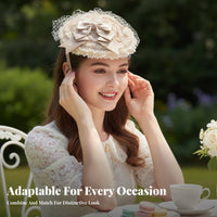 Lace headpiece with hare Ears Elegant Design Dome Hat Adjustable Ribbon Tie